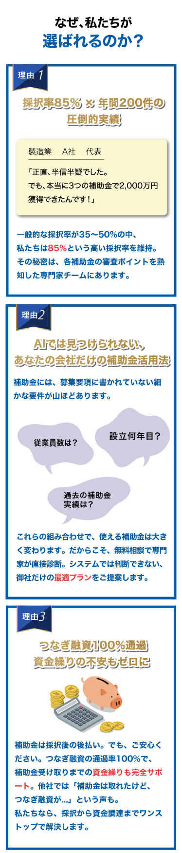 採択率85% x 年間200件の圧倒的実績 AIでは見つけられない、あなたの会社だけの補助金活用 つなぎ融資100%通過 資金繰りの不安もゼロに